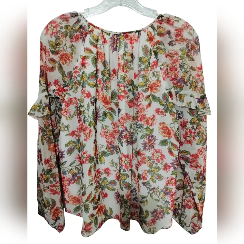 2884) Adrienne Vittadini Floral Ruffle Lined Tie Front Peasant Blouse Size Large - Picture 2 of 11